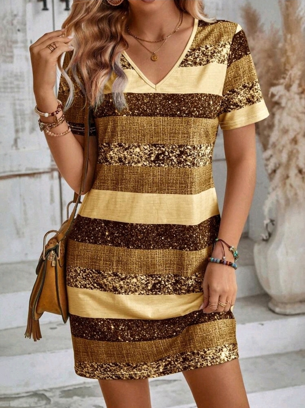Casual V-Neck Striped T-Shirt Dress in Gold and Brown